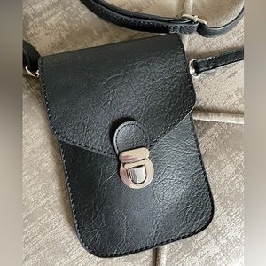 Cross body black leather phone and passport purse